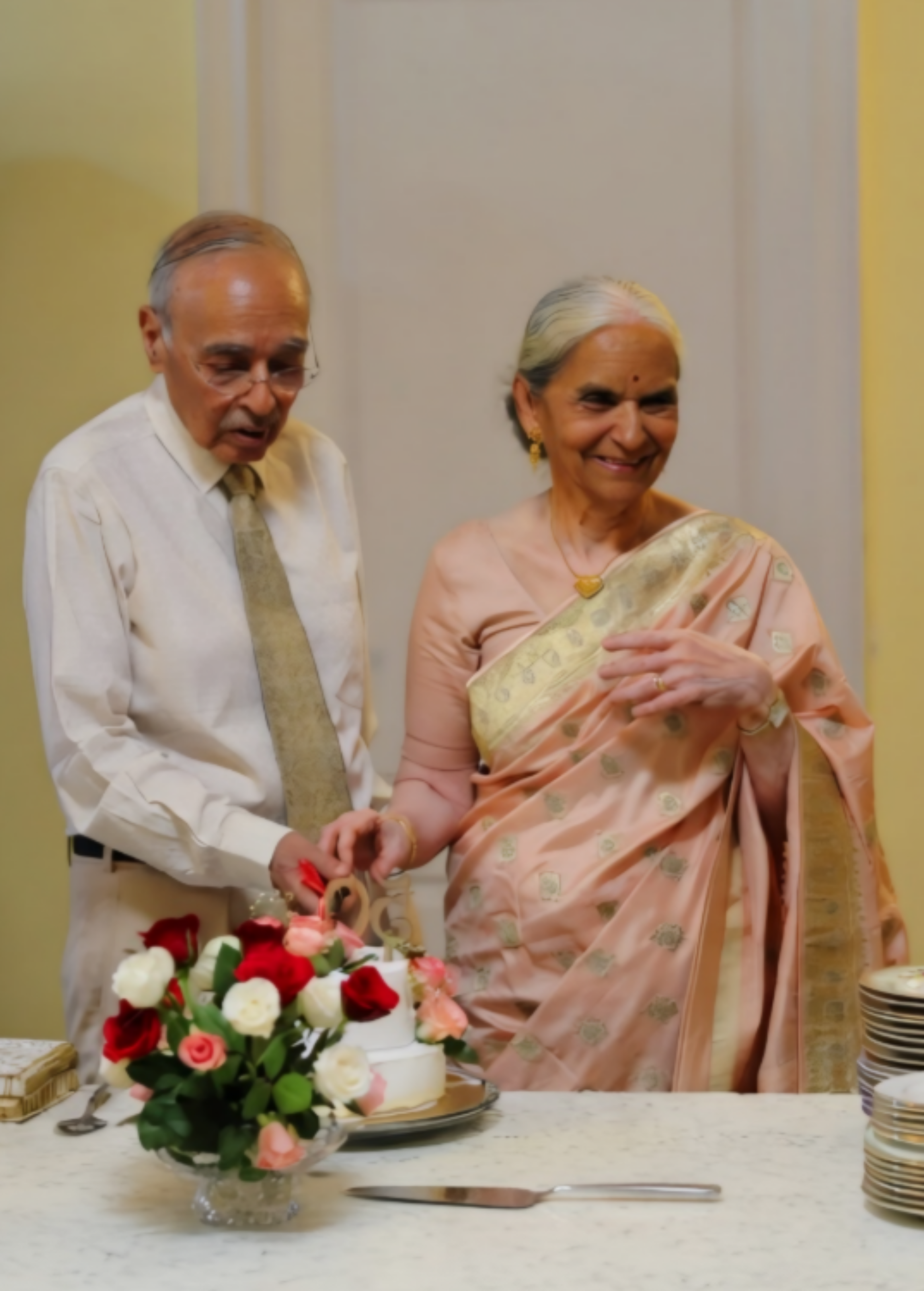 An elderly couple cuuting cake for their 50th wedding anniversary celebration behind a table with floral arrangements and plates in an indoor setting.