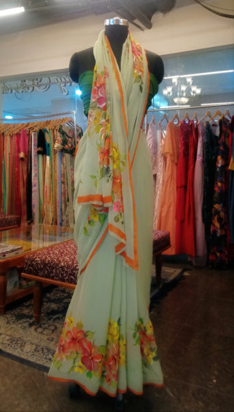 Hand Painted Sage Green Saree