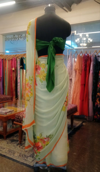 Hand Painted Sage Green Saree