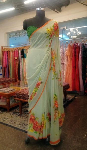 Hand Painted Sage Green Saree