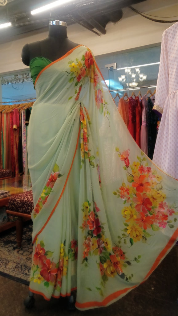 Hand Painted Sage Green Saree