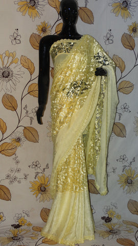 Rang Riwaaz Pure Crepe Silk and Net Lemon Yellow Saree - Heavy embroidery on net  and Shuttle lace border RangRiwaaz 