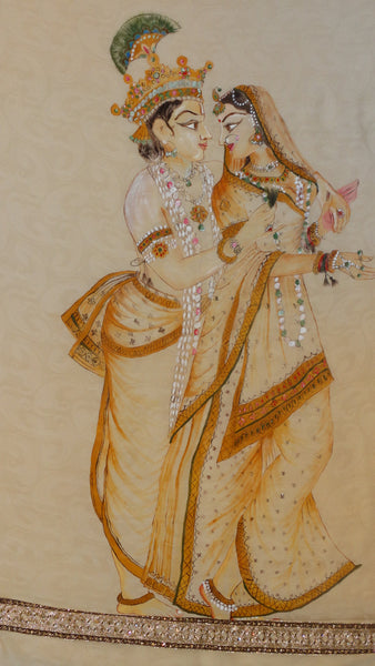 Pure Crepe Beige with Self Saree - Hand painted Monotone Radha-Krishna on pallu