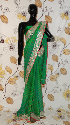 Rang Riwaaz Chiffon Green Multi-coloured Lehariya Saree - Gota patti and Magazi border RangRiwaaz sari bandhej bandhani