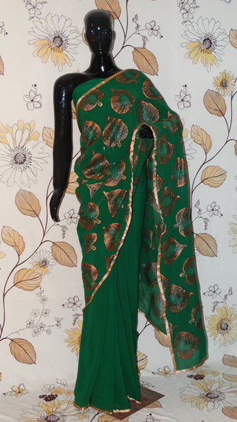 Pure Crepe Bottle Green Saree - Hand painted Copper leaves in half and half pattern