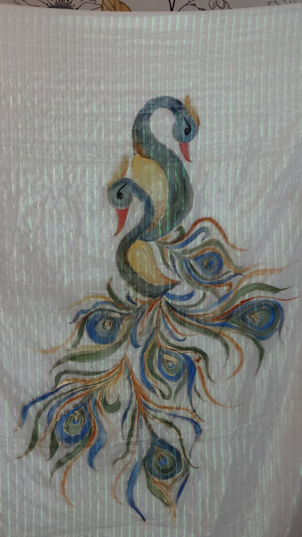 Pure Georgette Rainbow Shimmer Hand Painted Saree - Peacock Pair on Pallu