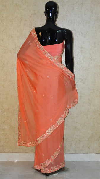 Pure Chiffon Saree - Hand Embroidery Pitta work Peach Saree