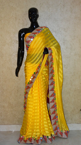 Georgette Satin Stripes Saree - Yellow Saree with Surat Embroidery & Mirror Work Border