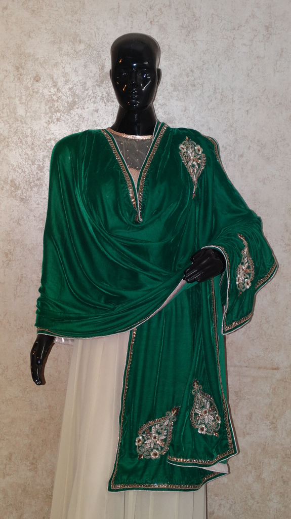 Bottle Green Velvet Shawl - Zardosi Work