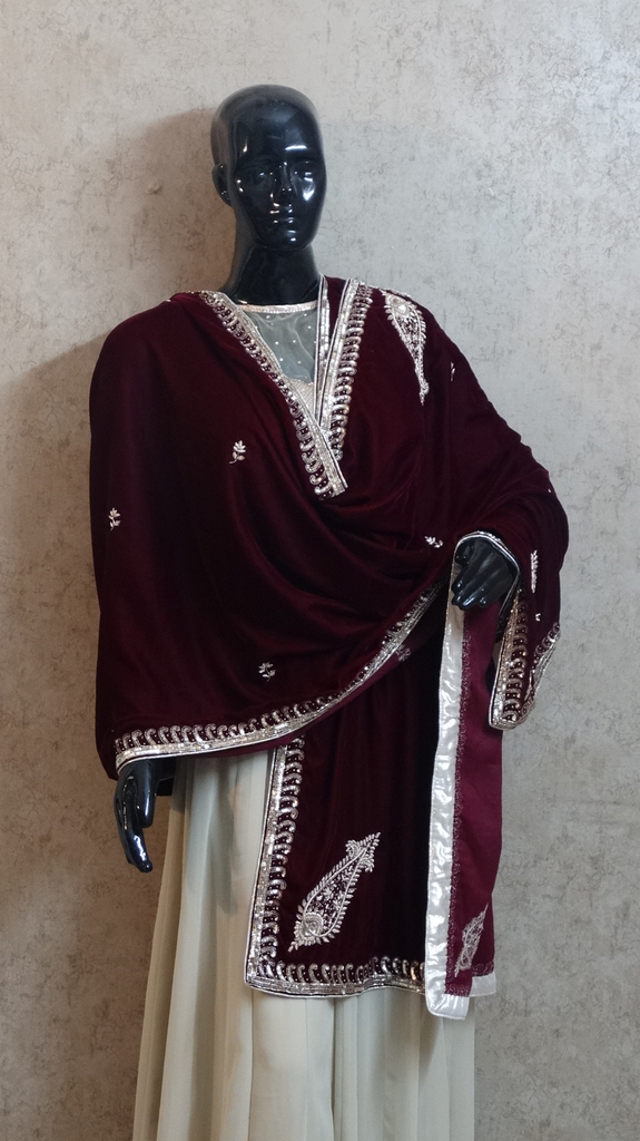 Maroon Velvet Shawl - Zardosi Embroidery