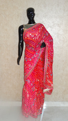 Pure Crepe Pink Bandhej Saree with Mirror and Sequins Embroidery