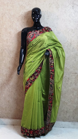 Olive Green Chanderi Silk Saree with Hand Kalamkari Border and Mirror Work