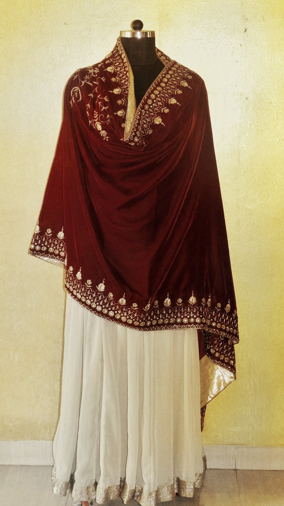 Maroon Velvet Shawl - Zardosi Embroidery