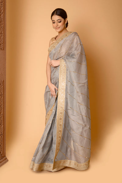 Ash Grey Sitara Leheriya Saree