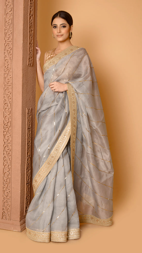 Ash Grey Sitara Leheriya Saree