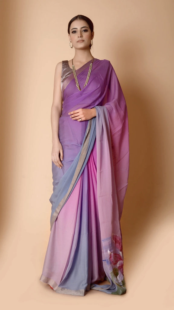Pure Georgette Silk Mauve and Grey Saree - Hand painted lotus pond on pallu