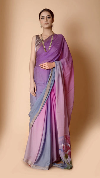 Pure Georgette Silk Mauve and Grey Saree - Hand painted lotus pond on pallu
