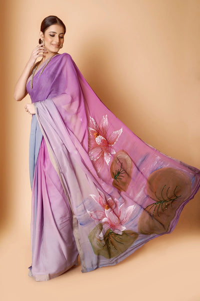Pure Georgette Silk Mauve and Grey Saree - Hand painted lotus pond on pallu