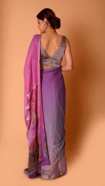 Pure Georgette Silk Mauve and Grey Saree - Hand painted lotus pond on pallu