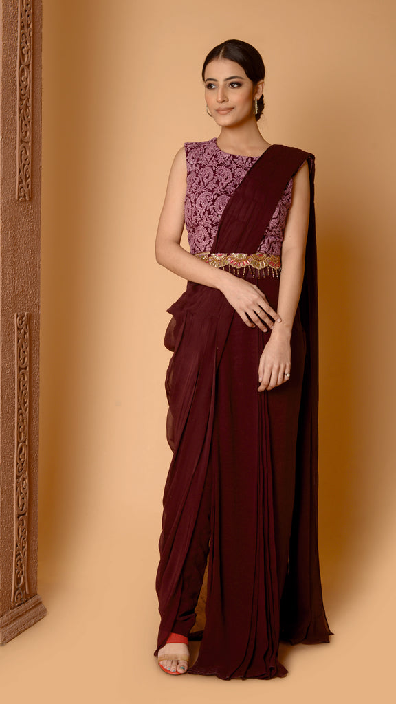 Wine Cascade  Sitara Drape Saree