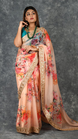 Peach  Floral Print Organza Saree