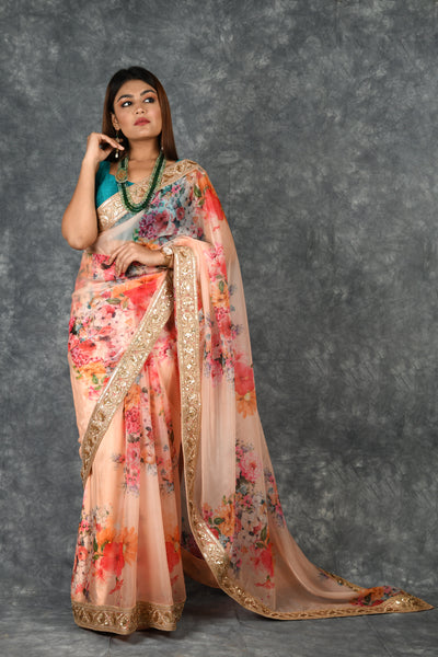 Peach  Floral Print Organza Saree