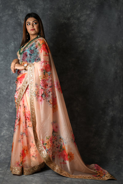 Peach  Floral Print Organza Saree