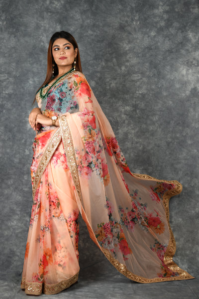 Peach  Floral Print Organza Saree