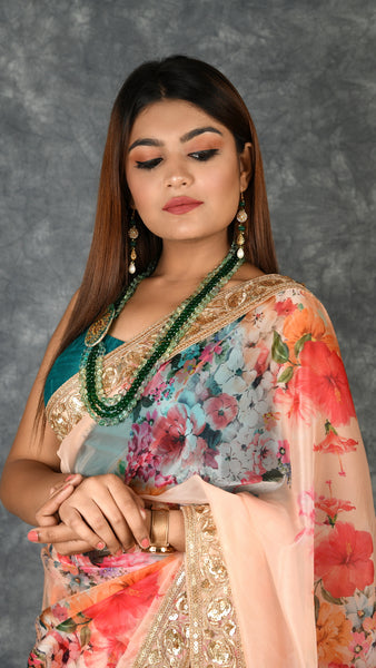 Peach  Floral Print Organza Saree