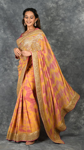 Yellow Pink Gotapatti Saree