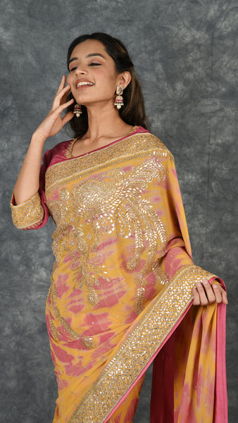 Yellow Pink Gotapatti Saree