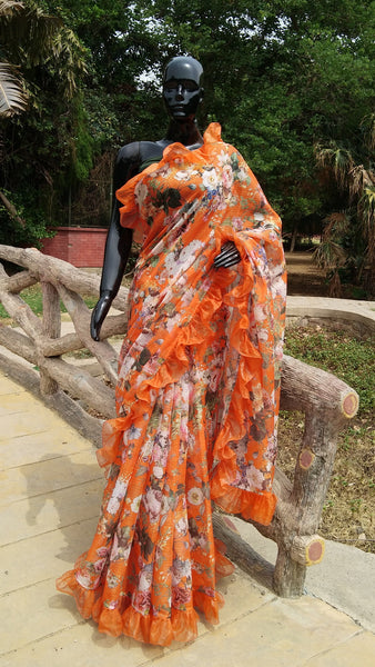 Orange Organza Saree with Floral Print and Ruffle Finish