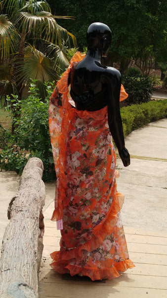 Orange Organza Saree with Floral Print and Ruffle Finish
