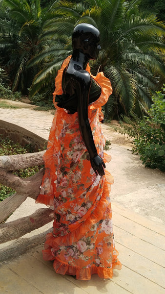 Orange Organza Saree with Floral Print and Ruffle Finish