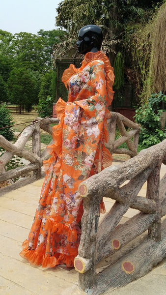 Orange Organza Saree with Floral Print and Ruffle Finish