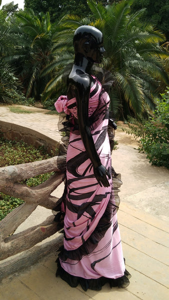 Lavender Crepe Saree with Abstract Print and Ruffle Finish
