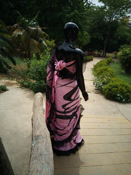 Lavender Crepe Saree with Abstract Print and Ruffle Finish