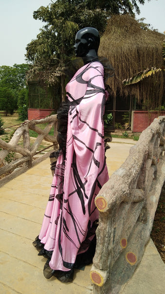 Lavender Crepe Saree with Abstract Print and Ruffle Finish