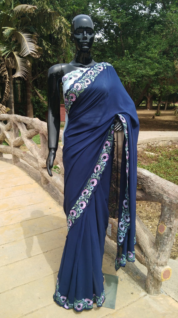 Navy Blue Georgette Saree - Floral Embroidery Border with Scallop Finish