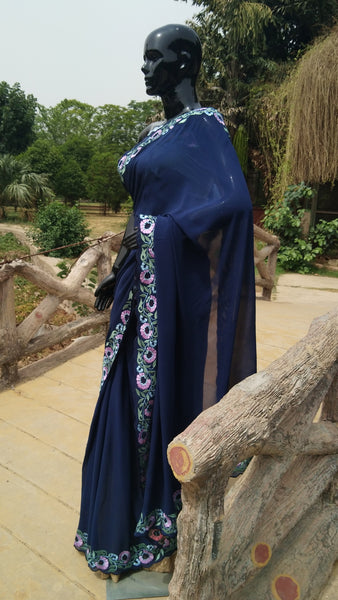 Navy Blue Georgette Saree - Floral Embroidery Border with Scallop Finish