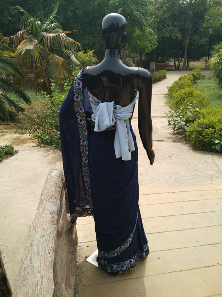 Navy Blue Georgette Saree - Floral Embroidery Border with Scallop Finish