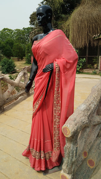 Dark Peach Flat Georgette Saree - Zardosi Cutwork Border