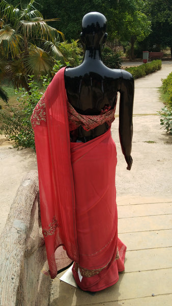 Dark Peach Flat Georgette Saree - Zardosi Cutwork Border