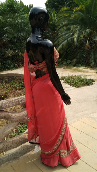Dark Peach Flat Georgette Saree - Zardosi Cutwork Border
