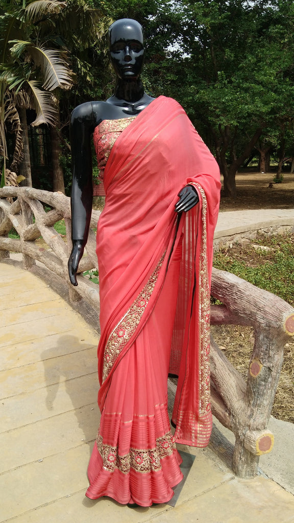 Dark Peach Flat Georgette Saree - Zardosi Cutwork Border