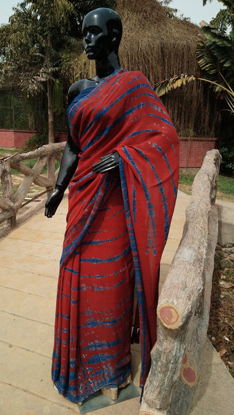 Red and Blue Shibori - Georgette Saree