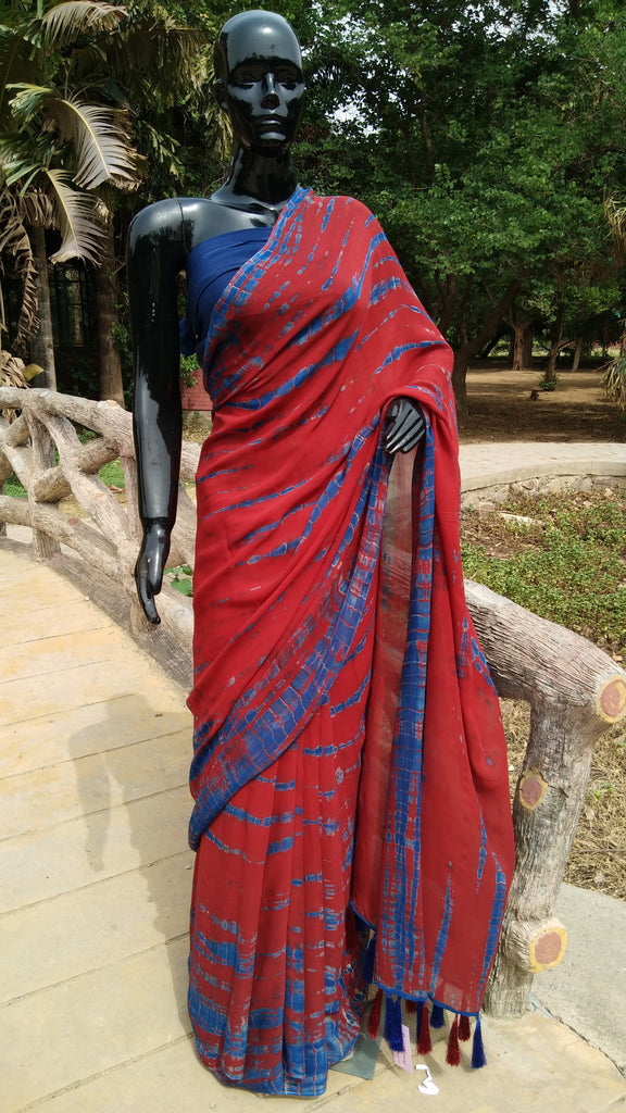 Red and Blue Shibori - Georgette Saree