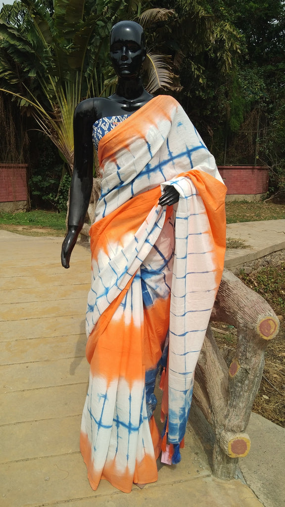 Mulmul - Orange n Blue Tie n Dye Saree