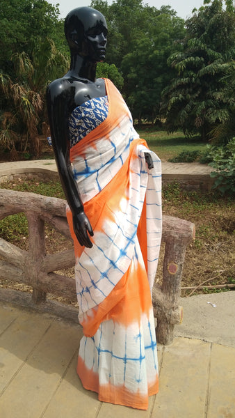 Mulmul - Orange n Blue Tie n Dye Saree