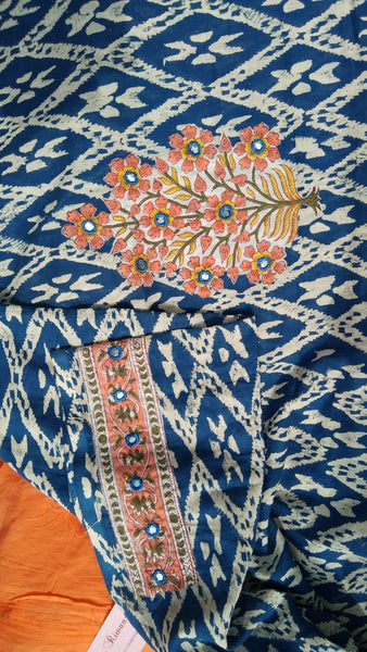 Mulmul - Orange n Blue Tie n Dye Saree
